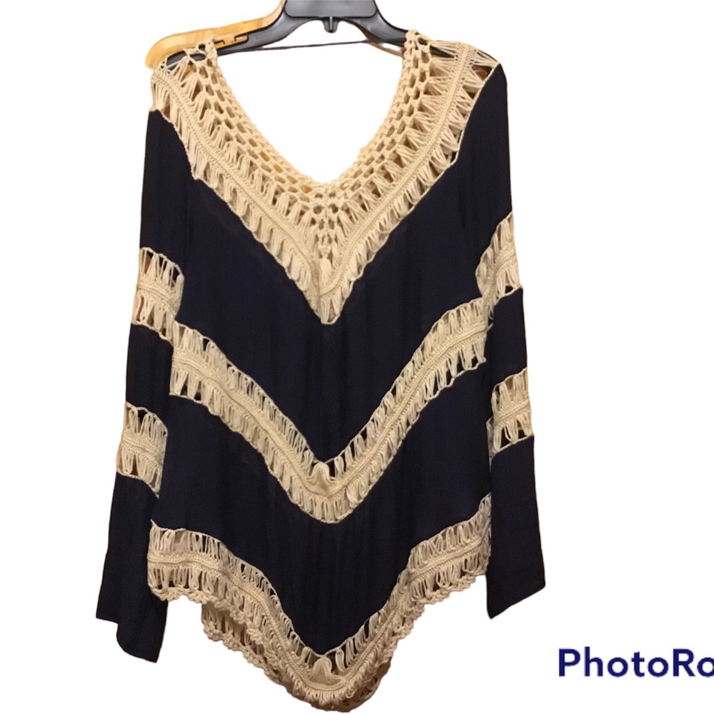 Umgee Navy Blue Boho Top, Crochet L